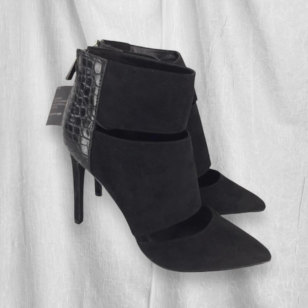 Express Stiletto Ankle Booties Heels Faux Suede Croc Pointed Toe Cut Out 6 NWT